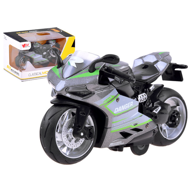 Rotaļu motocikls - Diecast modelis, pelēks ar zaļu